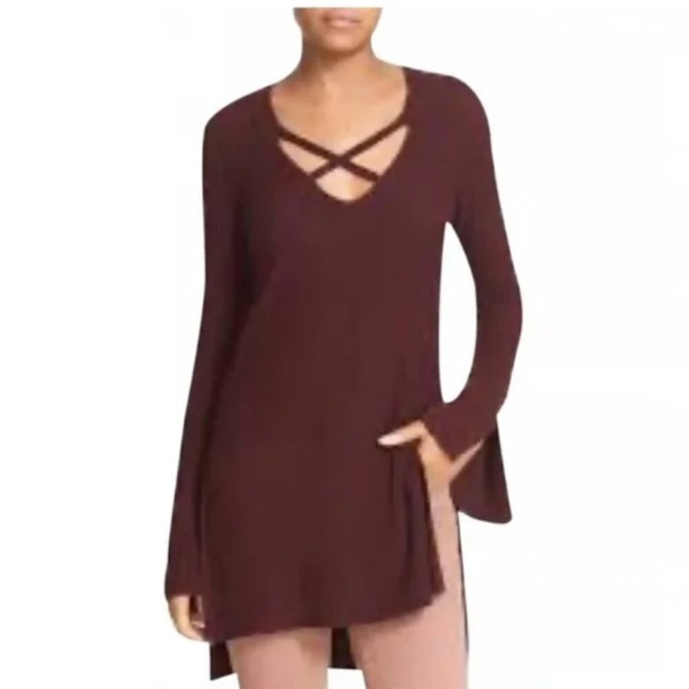 Free People Burgundy Criss Cross Neckline Rayon Blend Tunic Sweater size M